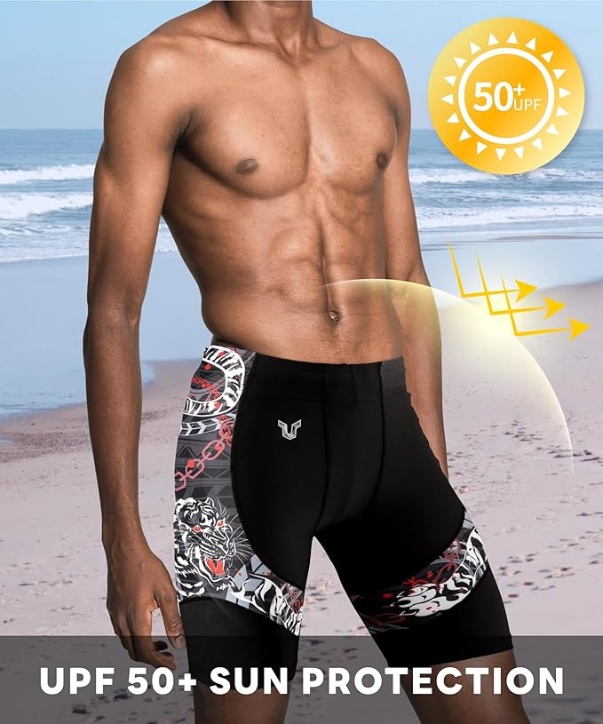 HUGE SPORTS Men's Rash Guard Swim Shorts Compression Swimming Jammer Cool Dry Active Swimsuit Workout Shorts Sports Tights