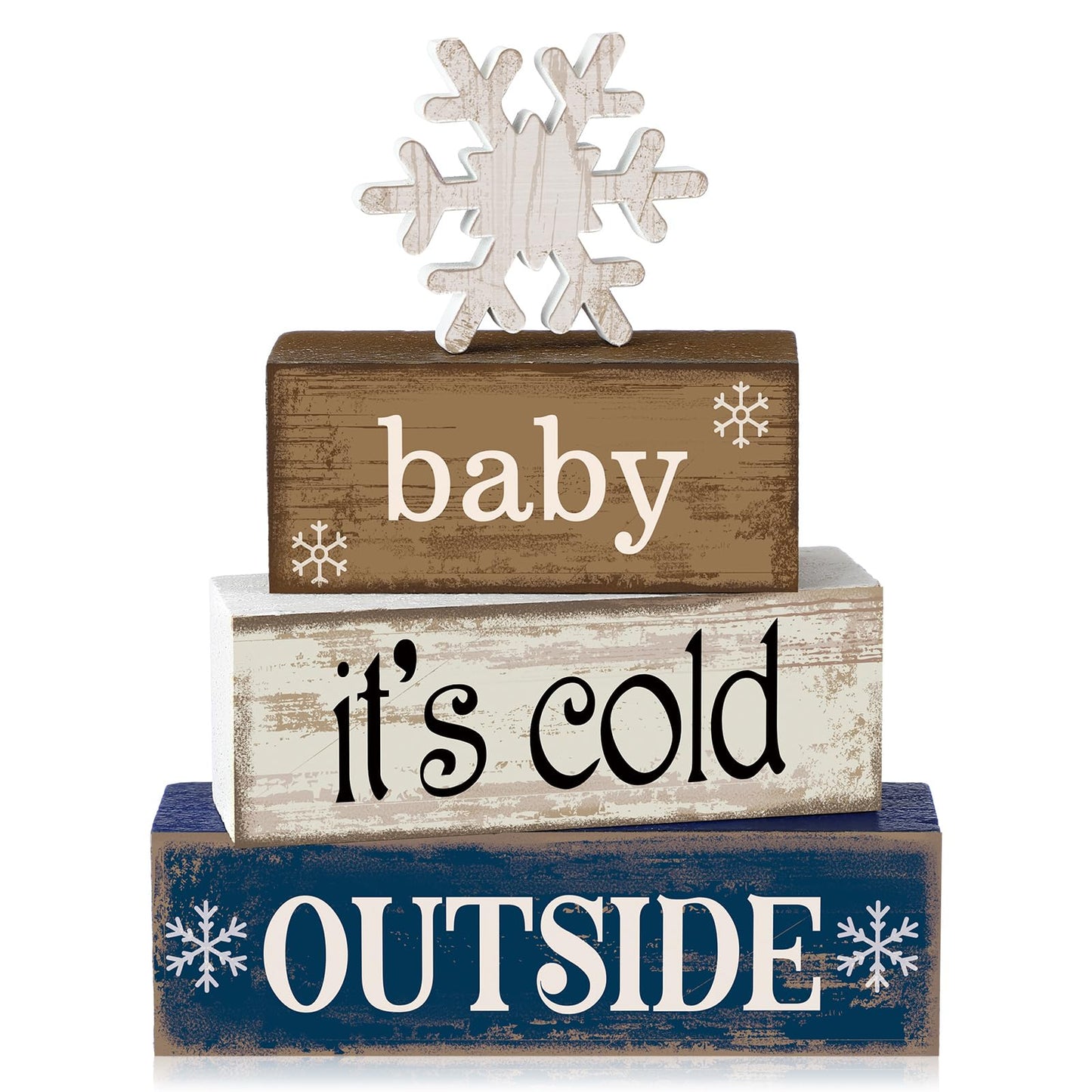 Moucuny 4 Pcs Winter Wooden Tabletop Decor Snowflake Tiered Tray Decor Winter Centerpiece Rustic Snow Block Signs Farmhouse Table Shelf Decoration for Home Office Party