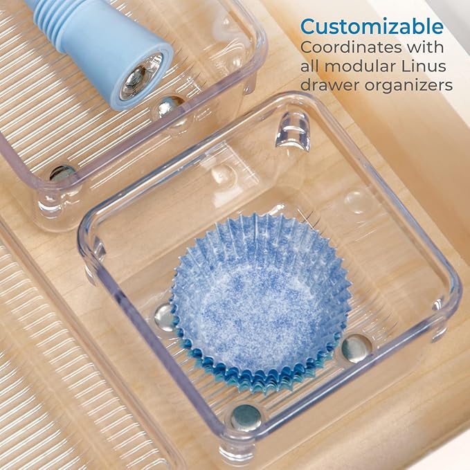 iDesign Linus Plastic Kitchen Drawer Organizer for Silverware, Spatulas, Cutlery, Gadgets, Office Supplies, Cosmetics, 4" x 4" x 3", Set of 2, Clear