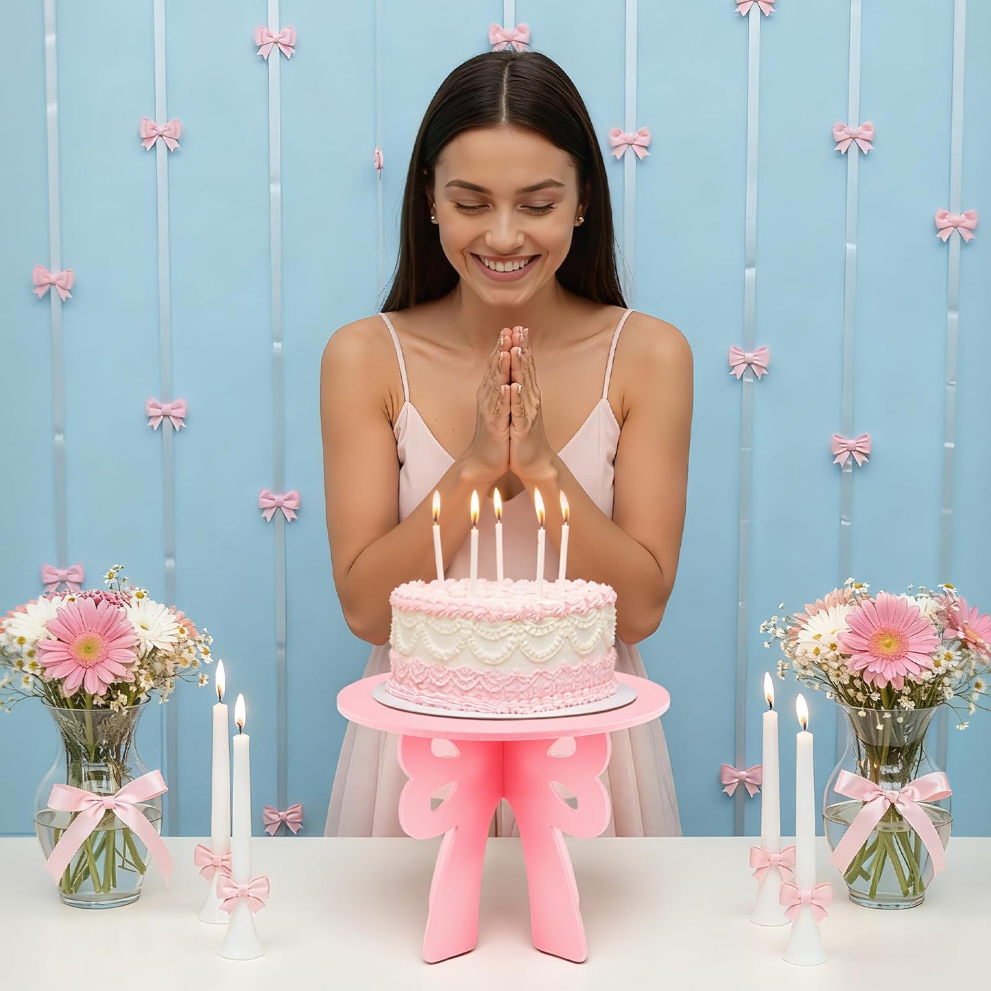 Lallisa Bow Cake Stand Pink Coquette Party Decorations 3D PVC Dessert Holder for Baby Shower Wedding Decor Holiday Props Theme Gift Birthday Bachelorette Bridal Party Supplies