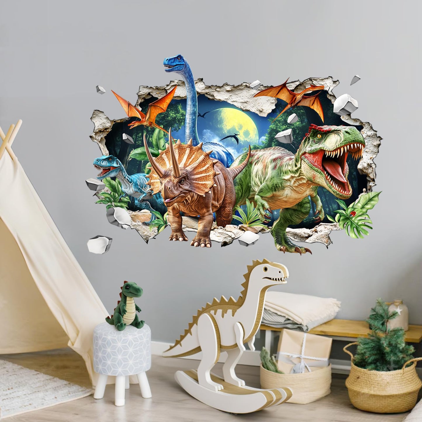 3D Dinosaur Wall Decals Break Through Large Dino Jungle Dinosaur Wall Stickers for Boys Kids Bedroom Baby Nursery Playroom Classroom Decor