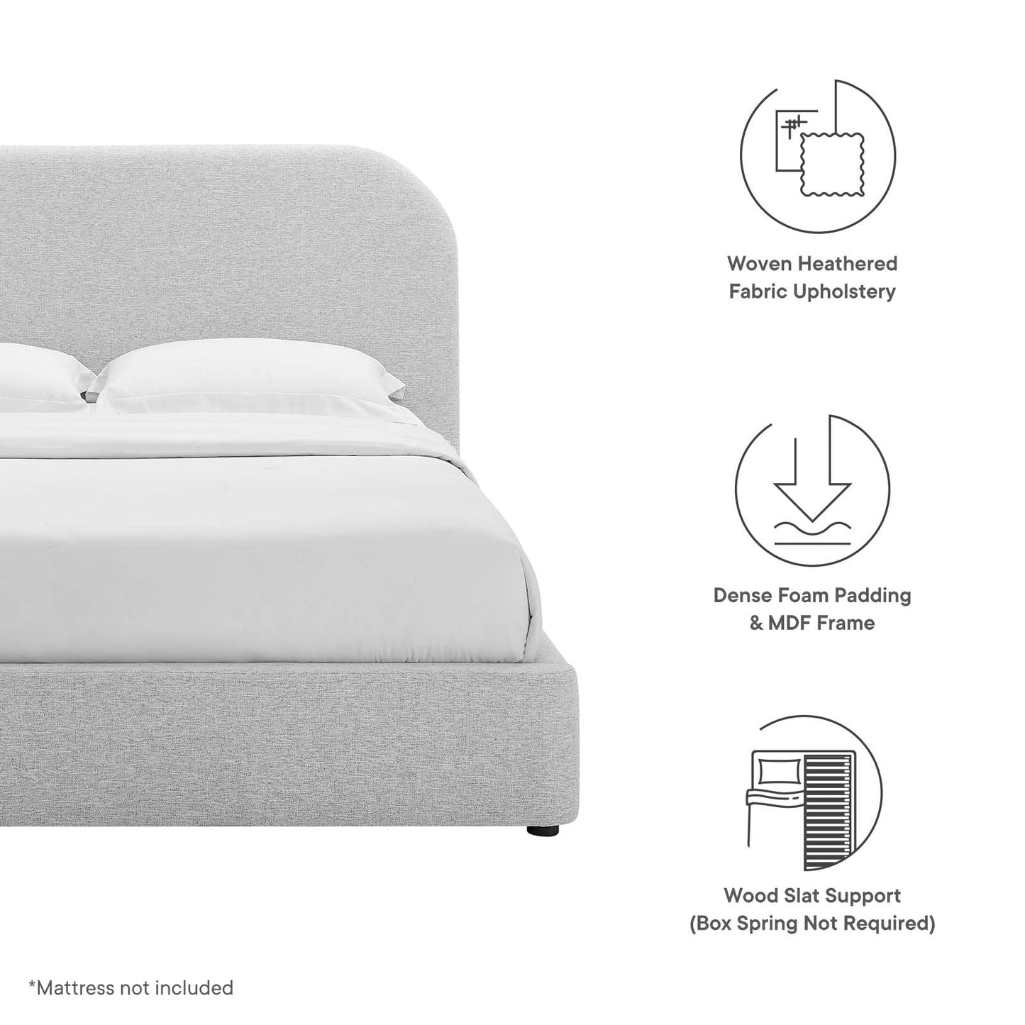 Modway Keynote Modern Queen Bed Frame with Curve Shaped Headboard in Heathered Weave Light Gray, Woven Heathered Fabric Upholstery, Queen Size Platform Bed, Soft Cloud Bed Frame, No Box Spring Needed