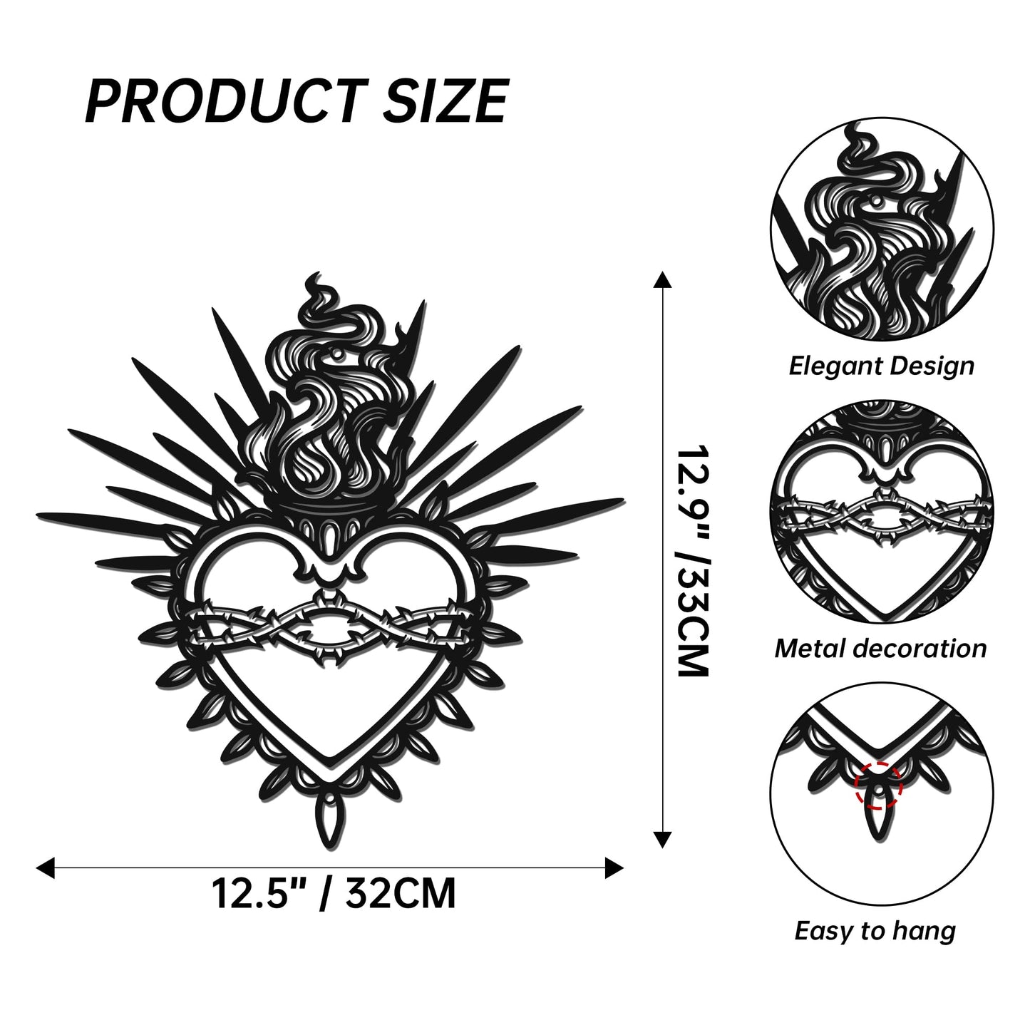JEWLOVE 13" × 12.6" Matte Black Sacred Heart Metal Wall Art – Catholic Art, Milagro Heart & Sacred Heart Wall Decor for Living Room & Prayer Room