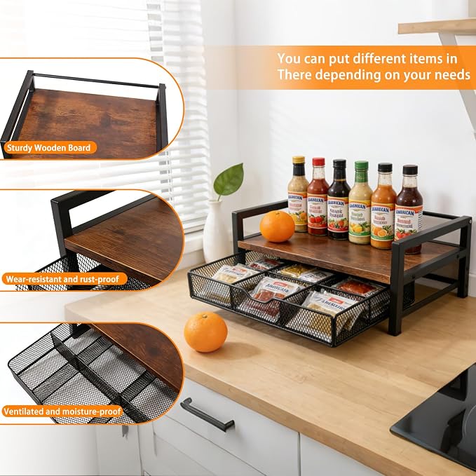 Wooden Tea Bag Organizer with Drawer, 6 Compartments, Large Capacity 13.39" x 9.65" Rustic Brown Tea Station Storage Chest for Countertop, Kitchen, Coffee Bar & Office