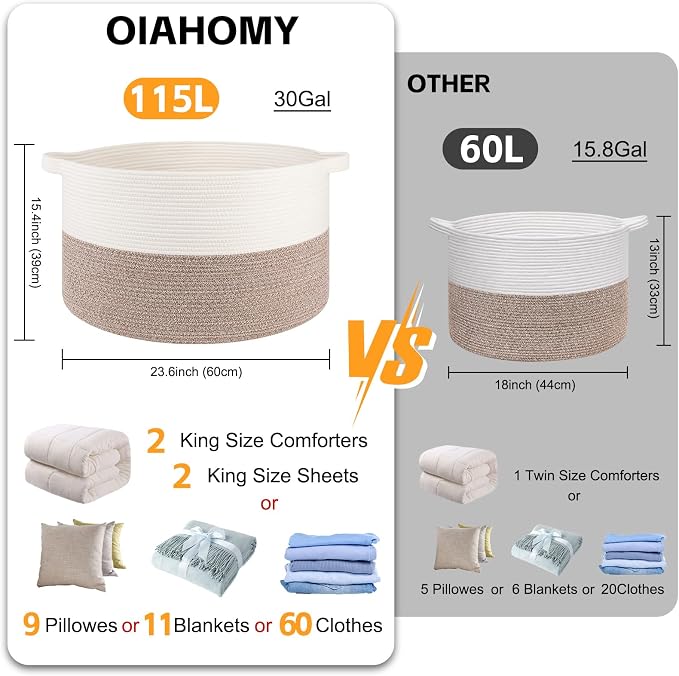 OIAHOMY 115L Extra Large Blanket Basket for Living Room, 23.6" x 15.4" Woven Cotton Rope Laundry Basket for Organizing Pillows, Decorative Stuffed Animal Toy Storage for Nursery, White and Linen Brown