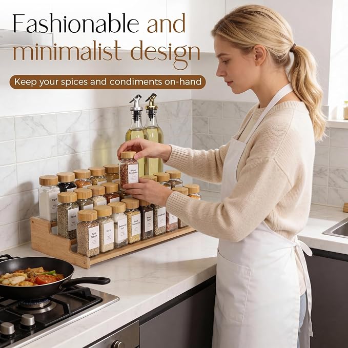 Spice Rack Organizer for Cabinet, 18in Bamboo Tiered Spice Rack，Used for Kitchen Countertops and Food Storage Room Organizer，Specially Designed for Jars and Spice Bottles(Bamboo, L)