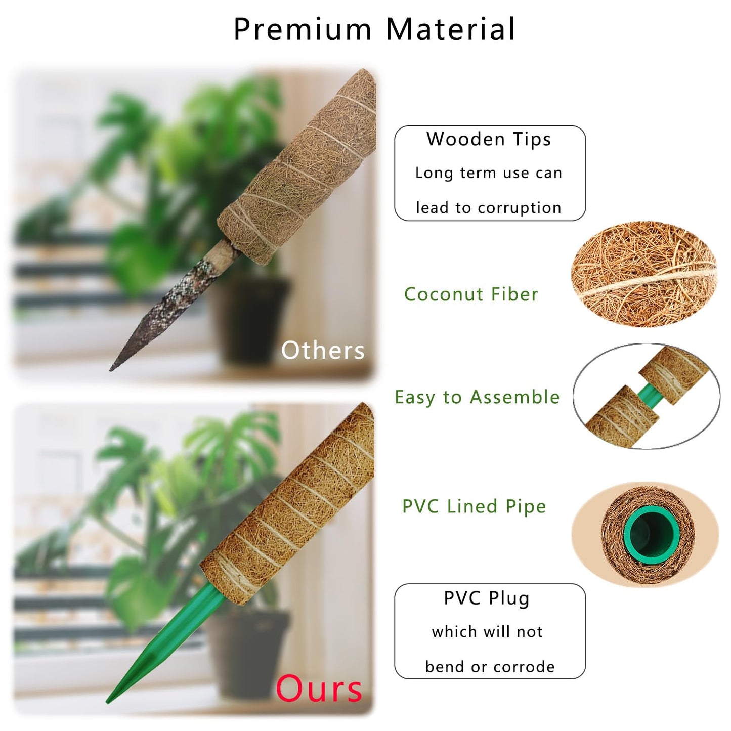 AHQDPFMY Moss Pole, 53.5 Inch Monstera Plant Support, Moss Sticks for Indoor Plants Climbing Coco Coir Pole, 4 Pack 17 Inch Stackable Moss Pole for Plants