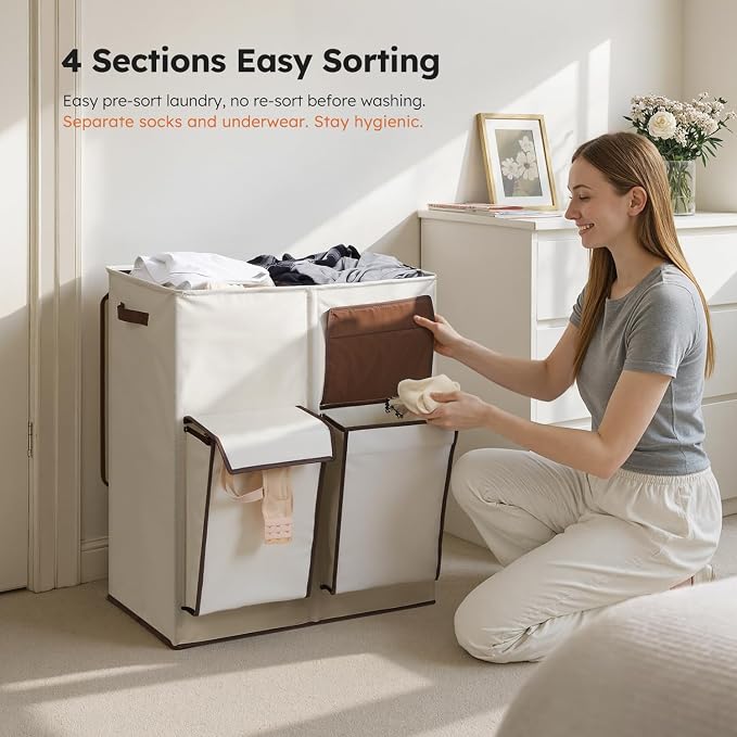 SOLEDI Double Laundry Hamper with Lid, 47.8 Gal (180L) Large Laundr Basket 2 Section with 2 Side Pockets, Dirty Clothes Hamper with Removable Bag, Easy to Carry for Laundry Room, Bedroom, Beige
