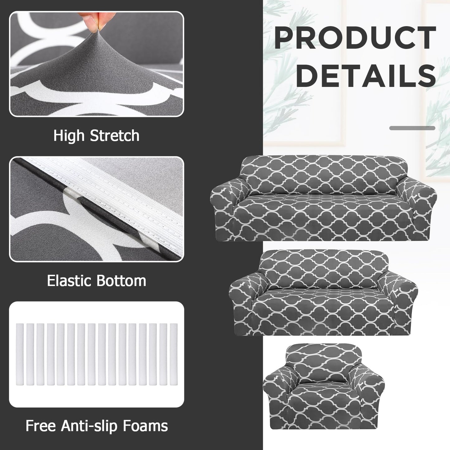 Peryiter 3 Pcs Couch Cover Set for Living Room Furniture Covers for Couch and Sofas Loveseat Arm Chair Slipcover, Furniture Protector, Stretch, Wrinkle Free (Dark Gray)