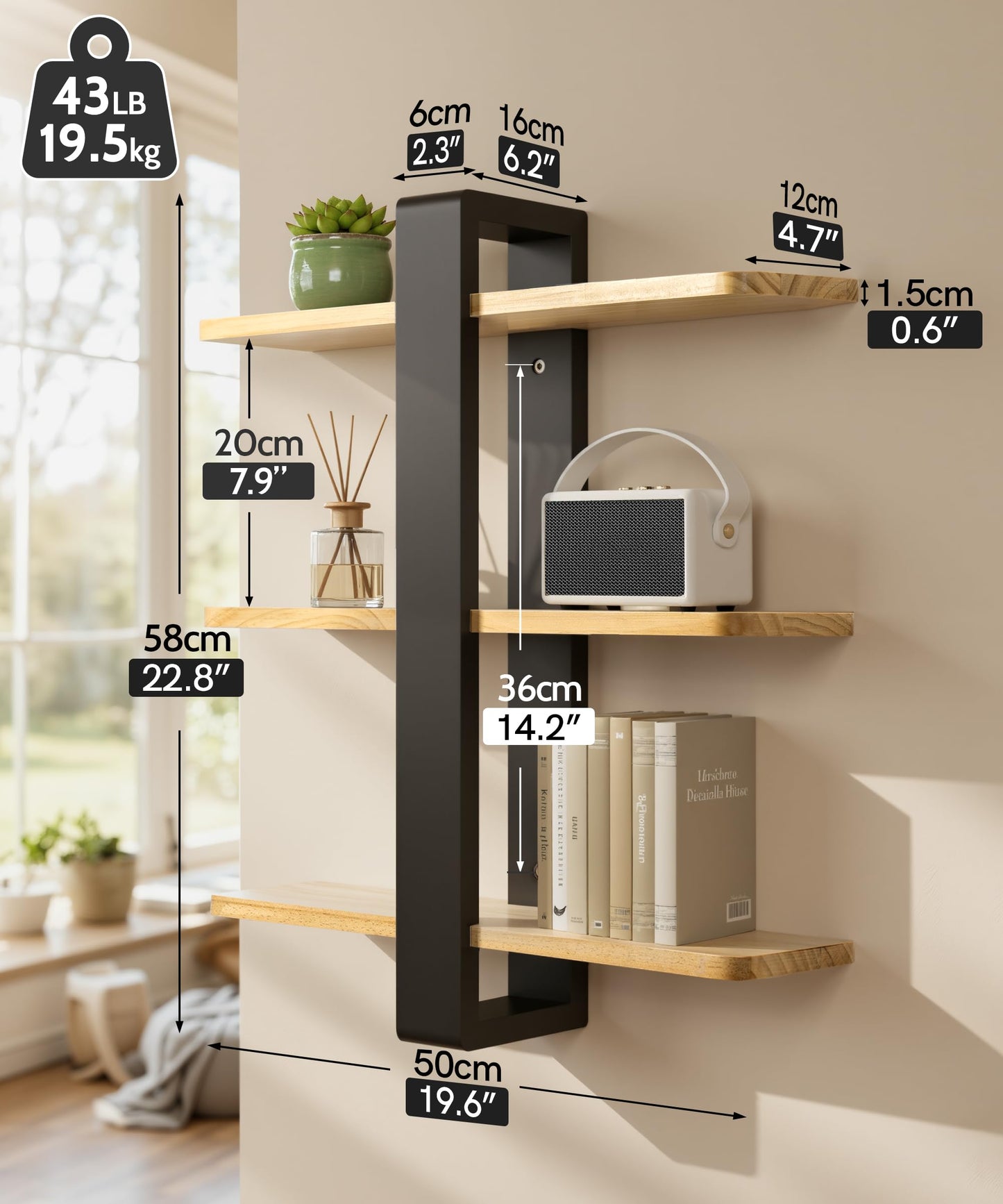 SUMGAR Floating Shelves for Wall Mounted Shelving Unit All Pine Wood 3 Tier Large Shelf for Bedroom Living Room Office Bathroom Home Decoration Storage Plant Photo Display Modern 20in