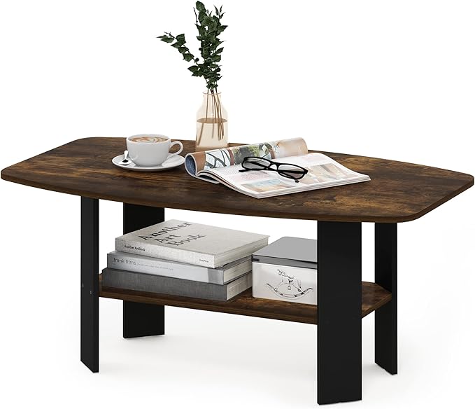 Furinno Simple Coffee Table, 2-Tier Small Coffee Table wih Open Shelf, Side Table, Tabletop with Soft Edges, for Living Room, Home Office, Amber Oak
