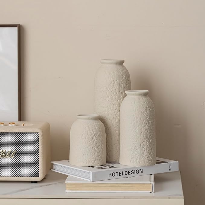 Large Decorative Ceramic Vase Set, 3 Pieces, Nordic Modern Boho Style, Berge Color, Modern Farmhouse for Home Decor (XL Beige Texture)