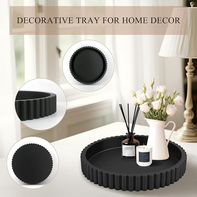 Decorative Tray for Coffee Table Decor, 11" Round Wooden Coffee Table Tray, Modern Decorative Trays for Home Decor, Living Room, Entry, Dining Room (Black)