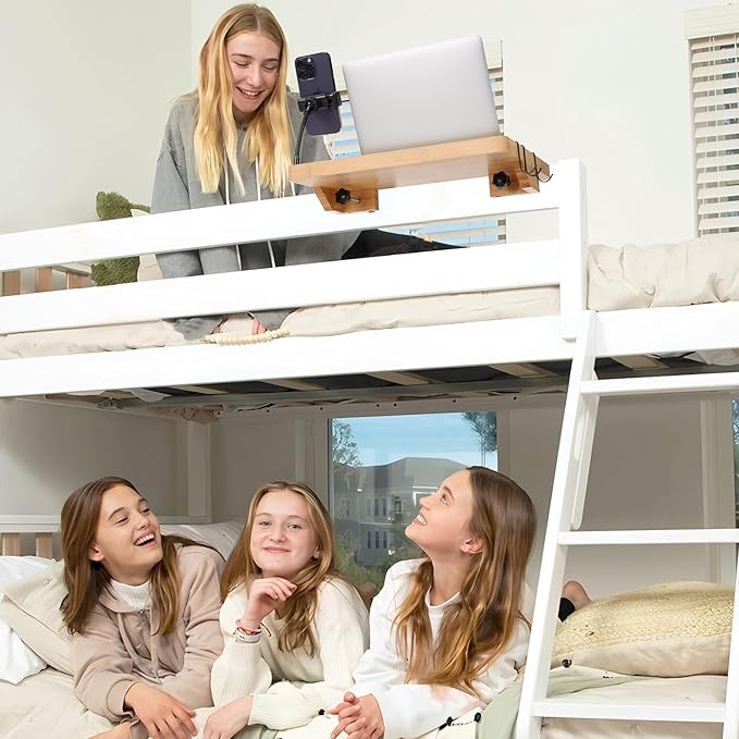 Bedside Shelf for Dorm Bed & Top Bunk, Bamboo Bed Side Table Tray with Cup Phone Holder & Hooks, Bedside Caddy, Clip on Nightstand Bedside Storage College Dorm Room Essentials (Bamboo)