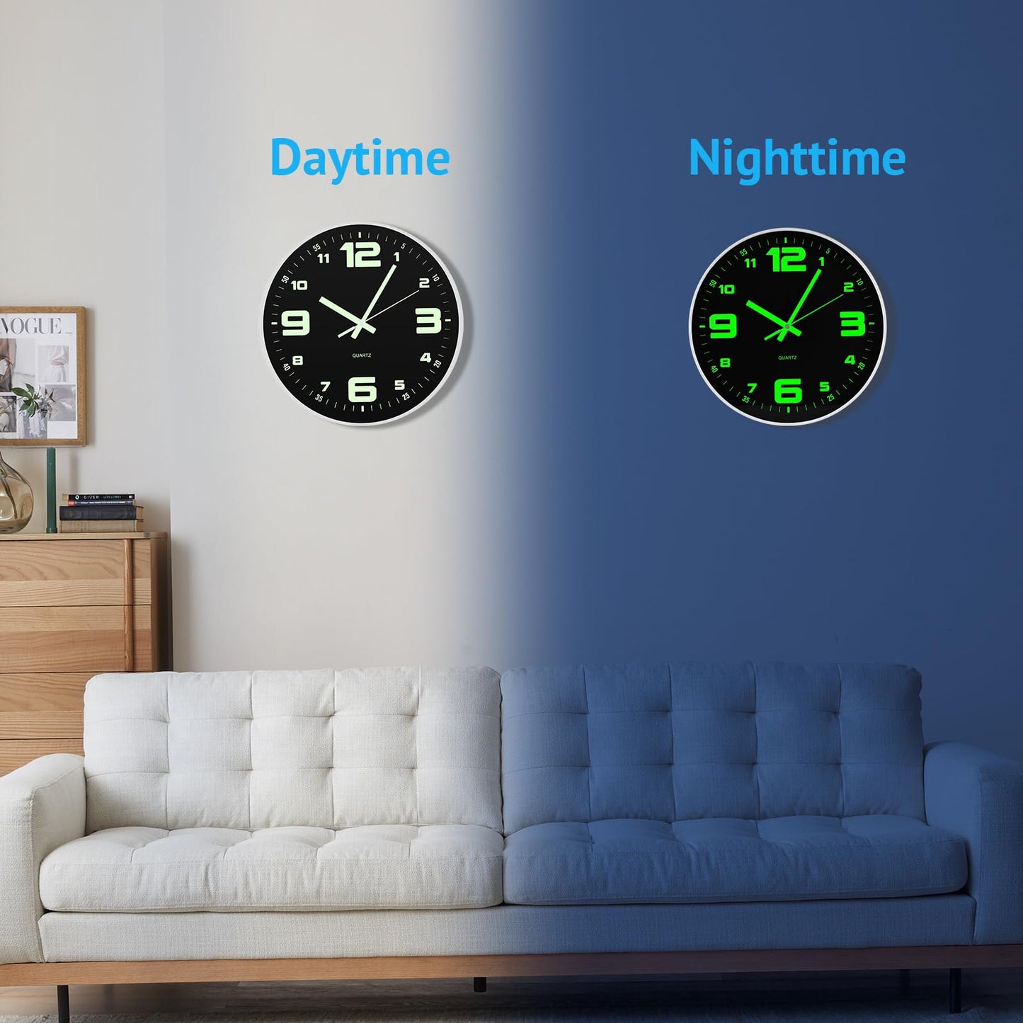 GadEdgen 12 inch Wall Clock Silent Wall Clocks Glow in The Dark Clocks Analog Battery Operated Night Light Clock Up Neon Modern Wall Clocks for Living Room, Bedroom, Kitchen, Bathroom, Home Decor