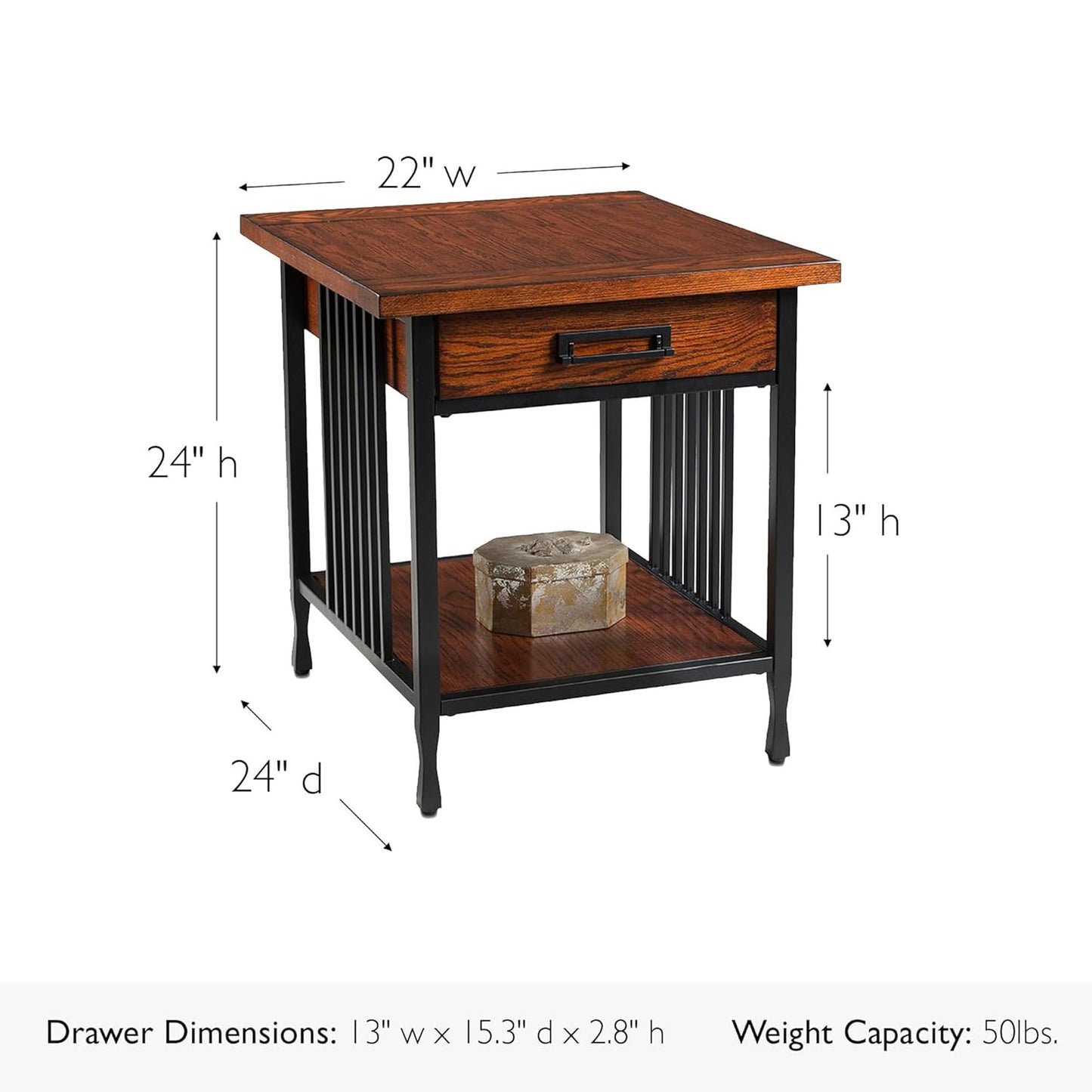 Leick Home Ironcraft End Table, Solid Wood, 1 Storage Drawer, Bottom Display Shelf, Mission Oak, Black Steel Base, Easy Assembly, 22 in W x 24 in H x 24 in D, 11207