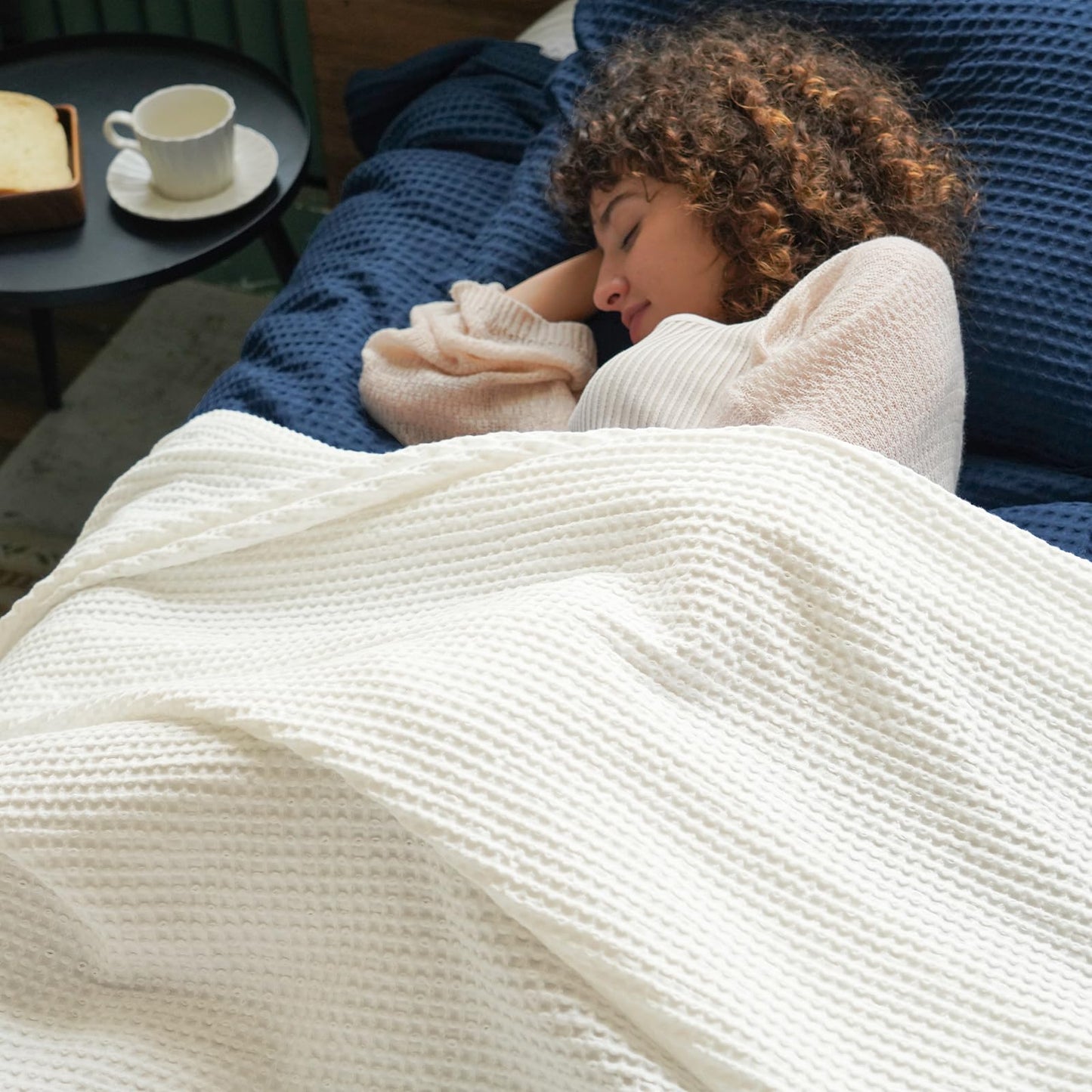 PHF Pre-Washed Cotton Waffle Weave Blanket Throw Size for Couch Bed,Snag Proof Spring Summer Lightweight Breathable,Oeko-TEX Certified,Machine Washable, Home Decor Gift，Cream