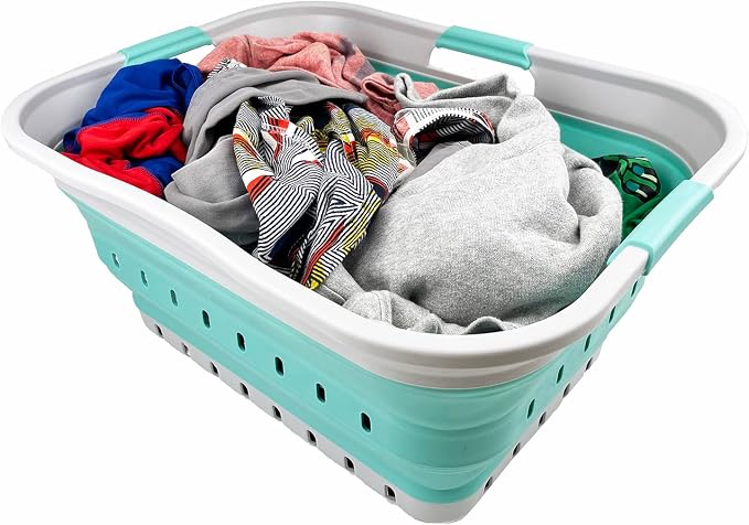 SAMMART 42L (11 gallon) Collapsible Plastic Laundry Basket - Foldable Pop Up Storage Container/Organizer - Portable Washing Tub - Space Saving Hamper/Basket (Grey/Pine)