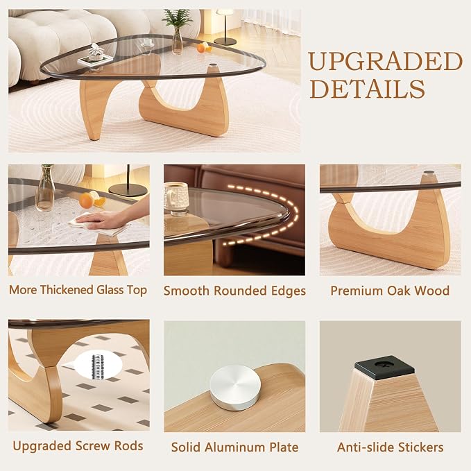 Coffee Table for Living Room Mid Century Modern Center Small Table with Glass Top and Wood, Original Transparent(36 Inch)