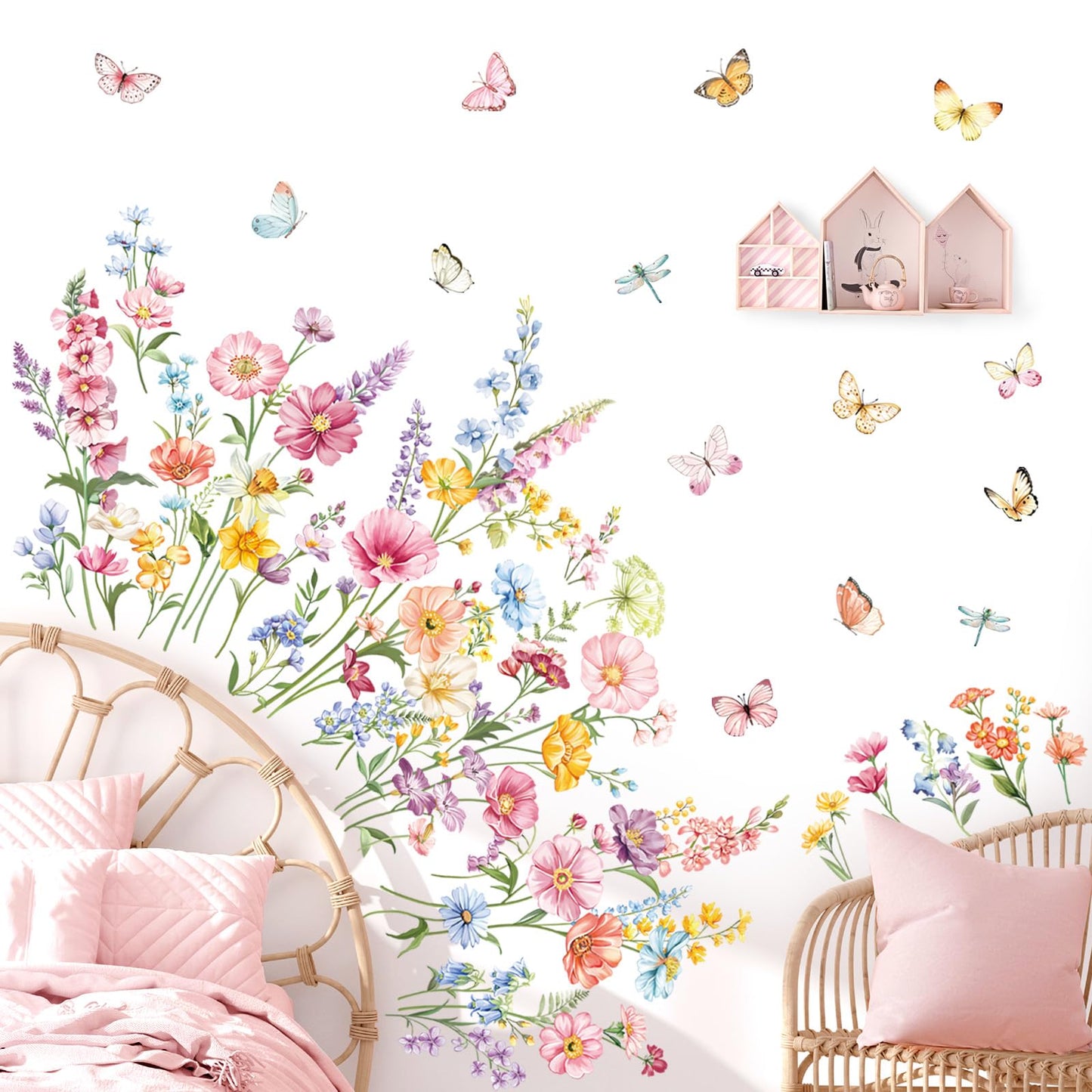 decalmile Flower Wall Decals Daisy Wildflower Grass Butterflies Wall Stickers Girls Bedroom Living Room Home Office Wall Decor