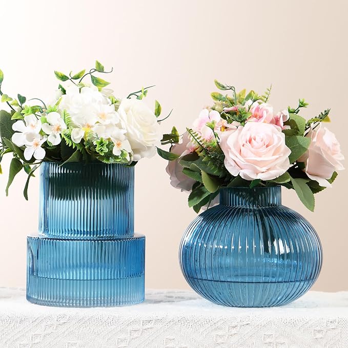 Ribbed Glass Vases, Set of 2 Fluted Vases for Flowers, Blue Glass Vase for Tulips, Modern Vase for Living Room, Kitchen, Office, Entryway, Mantle, Bookshelf, Wedding Gifts, Birthday