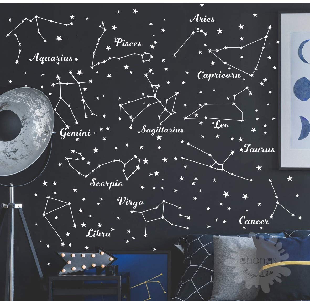 12PCS Zodiac Constellation Wall Stickers for Nursery or Kids Bedroom, Removable Vinyl Celestial Mural Decor Featuring Star Signs, Astronomy Theme Art for Baby Room Walls AM117 (White)