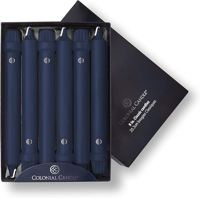 Colonial Candle Unscented Taper Candle, Classic Collection, Indigo, 8 In, Pack of 12 - Up to 6 Hours Burn
