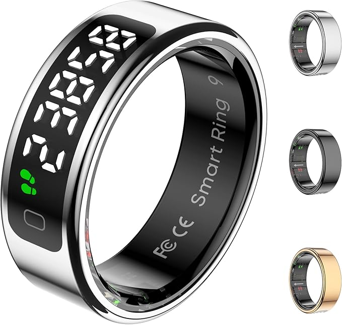 Smart Ring Health Tracker with Display Screen, Sleep Tracker Ring with Heart Rate, Fitness Ring Step tracker for Activity Monitoring/Steps/Calories,Wireless Charging, for iOS Android (Silver,13#)