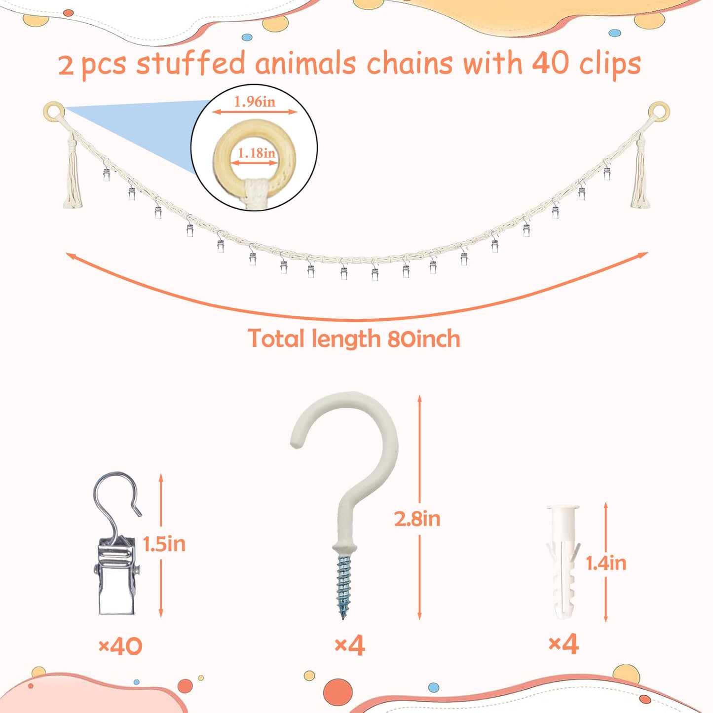 LONCHDAN 80" 2 Pack Cotton Hanging Storage Chain for Stuffed Animals Storage with 40 Metal Clips Stuffed Animal Organizer Chain for Wall Corner Nursery Play Room