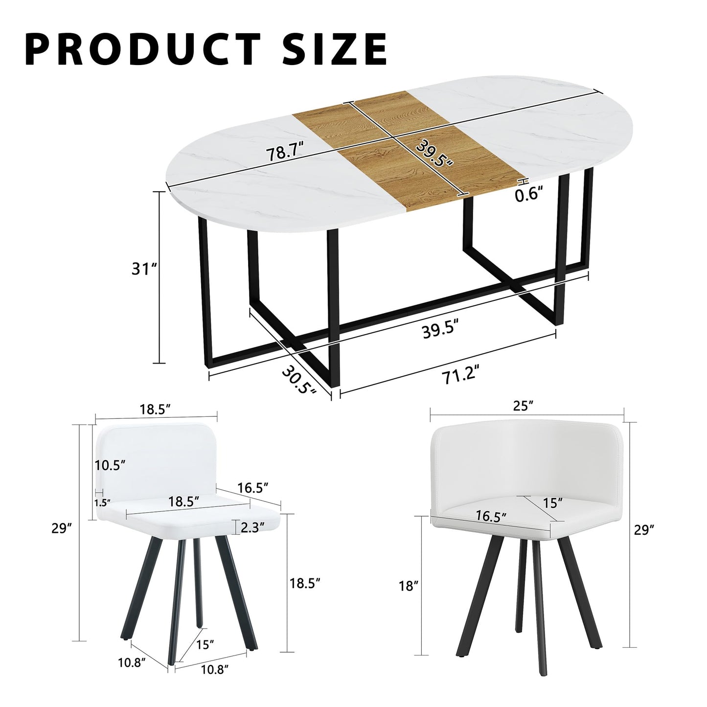 KEIKI 9-Piece Dining Table Set for 8, 78.7" Large Extendable Kitchen Table Set with 8 PU Leather Chairs, Modern Oval Wooden Table with Faux Marble Tabletop for Gatherings, Dining Room, Double White