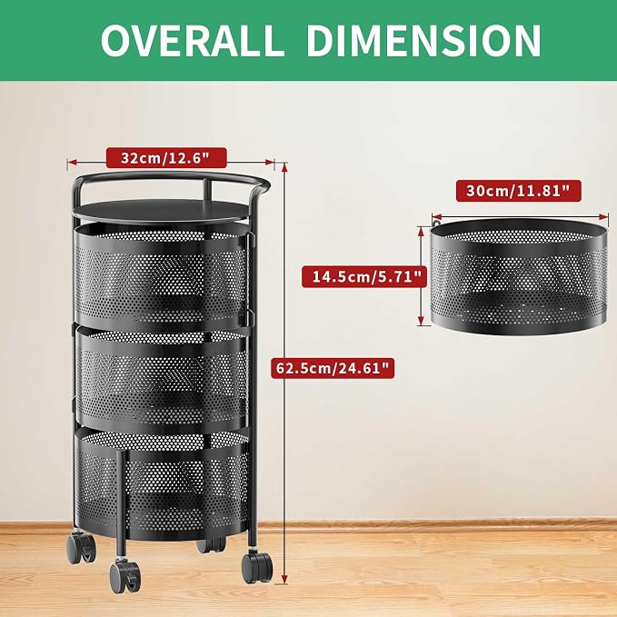 JAQ 3-Tier No Assembly Vegetable Storage Rack, Under Counter Rotating Fruit Basket with Wheels, Carbon Steel Kitchen Organizer for Potato Onion, Fruteros Para Cocina, Black