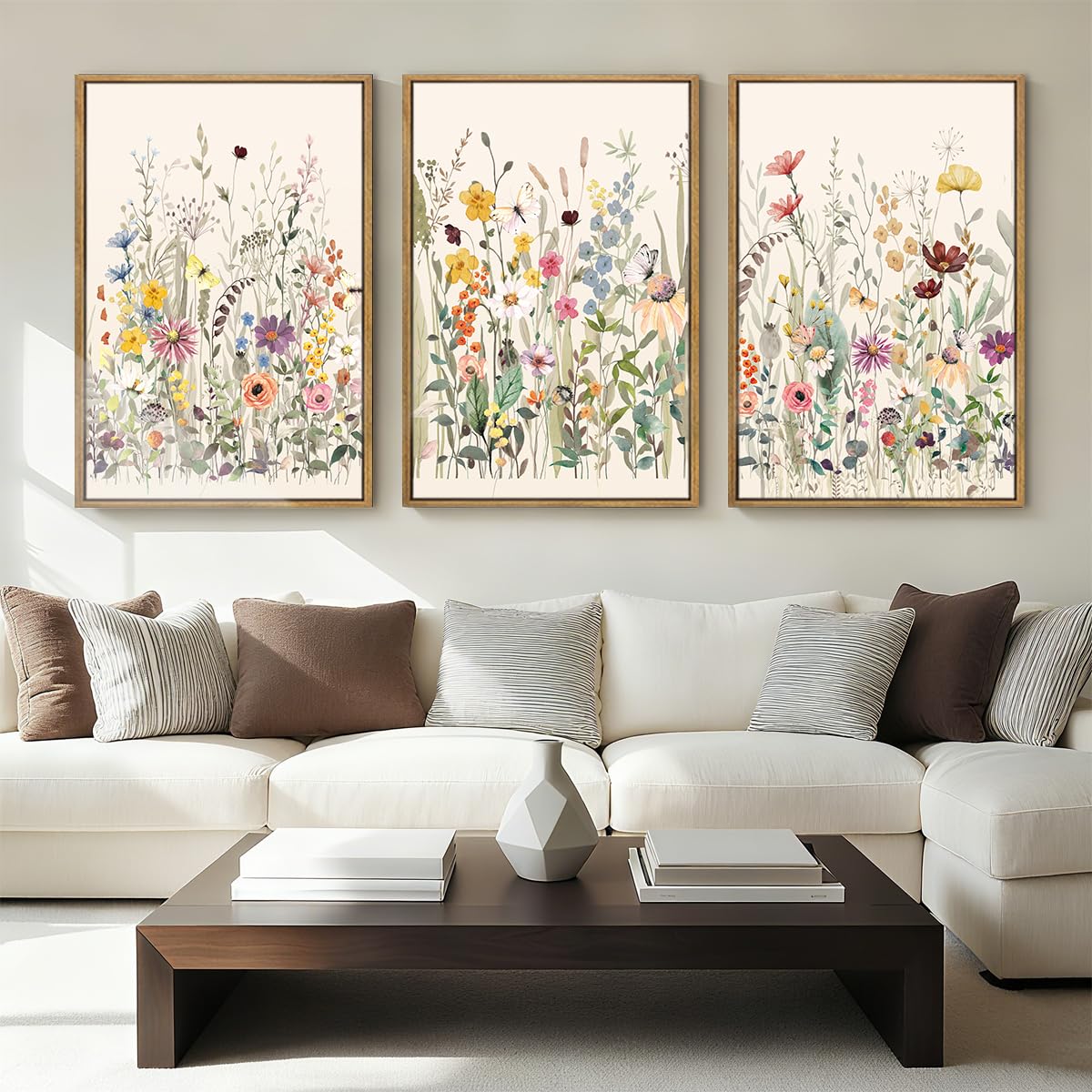 BINCUE Wildflower Wall Art Large Floral Wall Painting Neutral Print Pictures Decor for Living Room Bedroom Bathroom 3 Panel 36x24 Inches