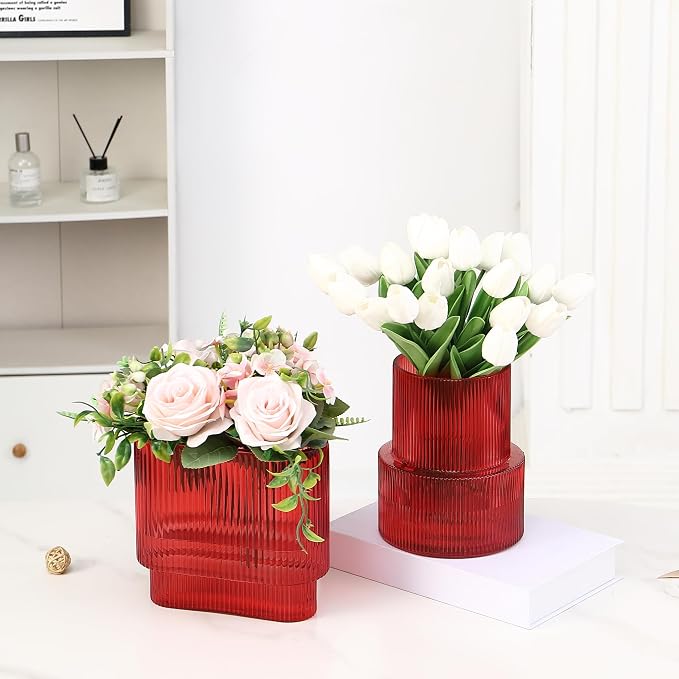 Red Glass Vases, Set of 2 Ribbed Vases for Flowers, Red Vase for Tulips, Modern Glass Vase for Living Room, Dining Table, Office, Entryway, Mantle, Bookshelf, Wedding Gifts