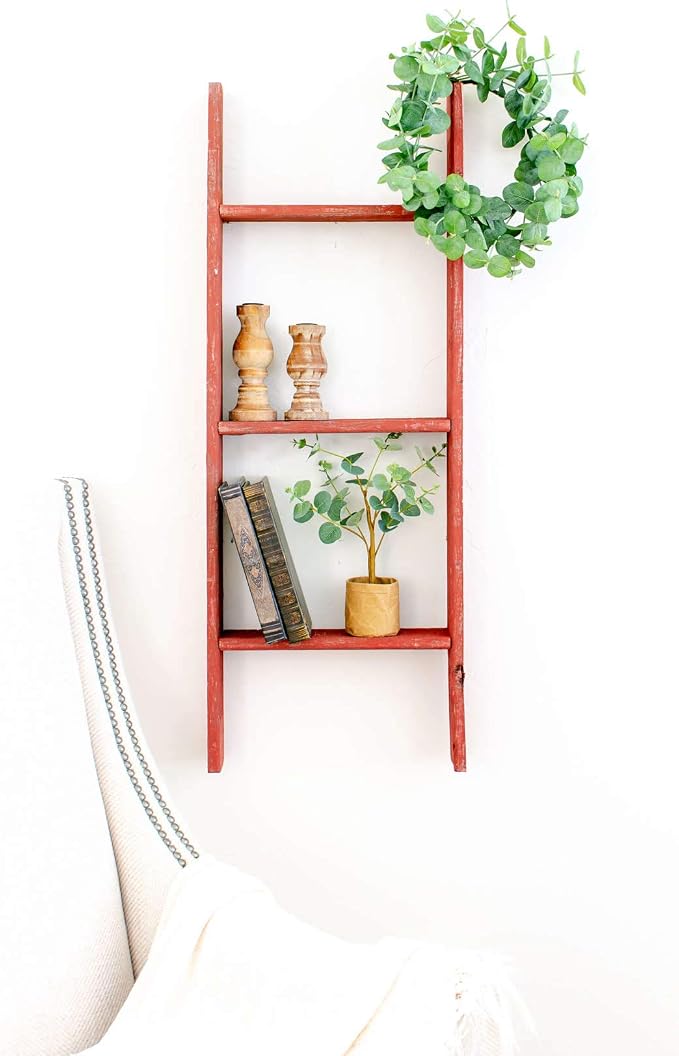 BARNWOODUSA Throw Blanket Ladder – Fully Assembled Reclaimed Wood – Rustic Decorative Ladder for Towels, Quilts, & More – Perfect Farmhouse Decor for Bathroom, Porch, or Living Room,3-Foot Red