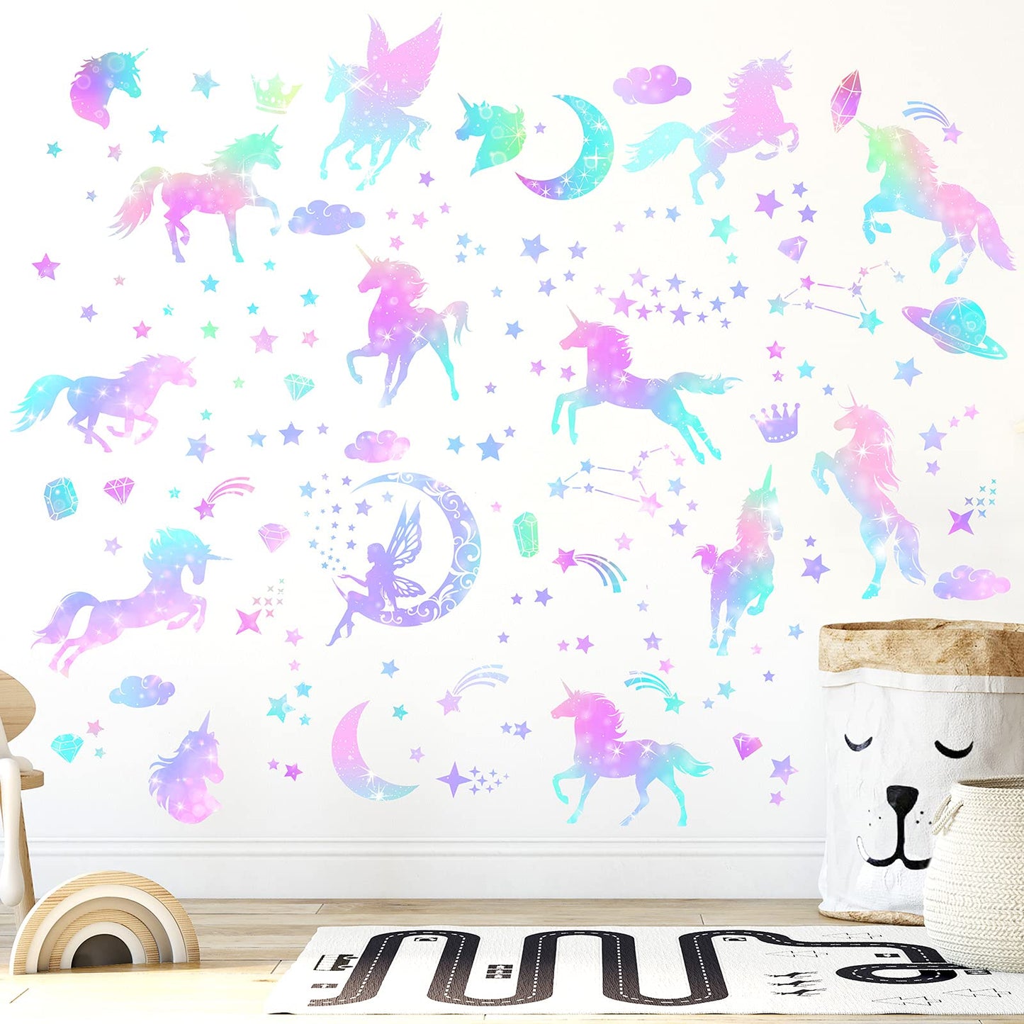 4 Sheets of Unicorn Peel and Stick Wall Decal Glitter Unicorn and Fairy Wall Stickers Cartoon Wall Decals Removable DIY for Bedroom Playroom Living Room Decor