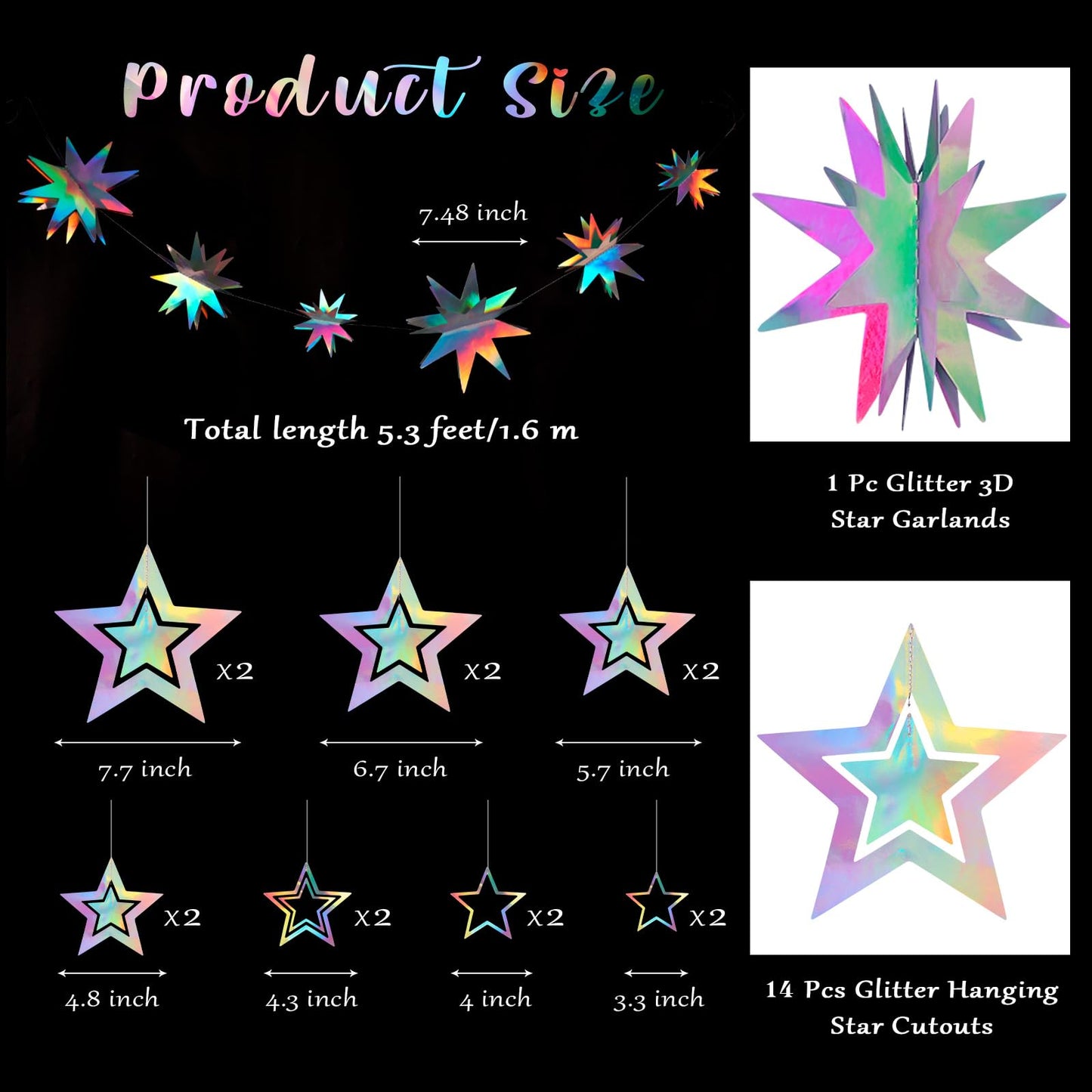 KINYFY Star Garland Decorations Kit, Holographic Twinkle Little Stars Garlands, Glitter 3D Star Hanging Streamer Backdrop Banner for Birthday, Baby Shower, Graduation, Wedding, Ramadan, EID
