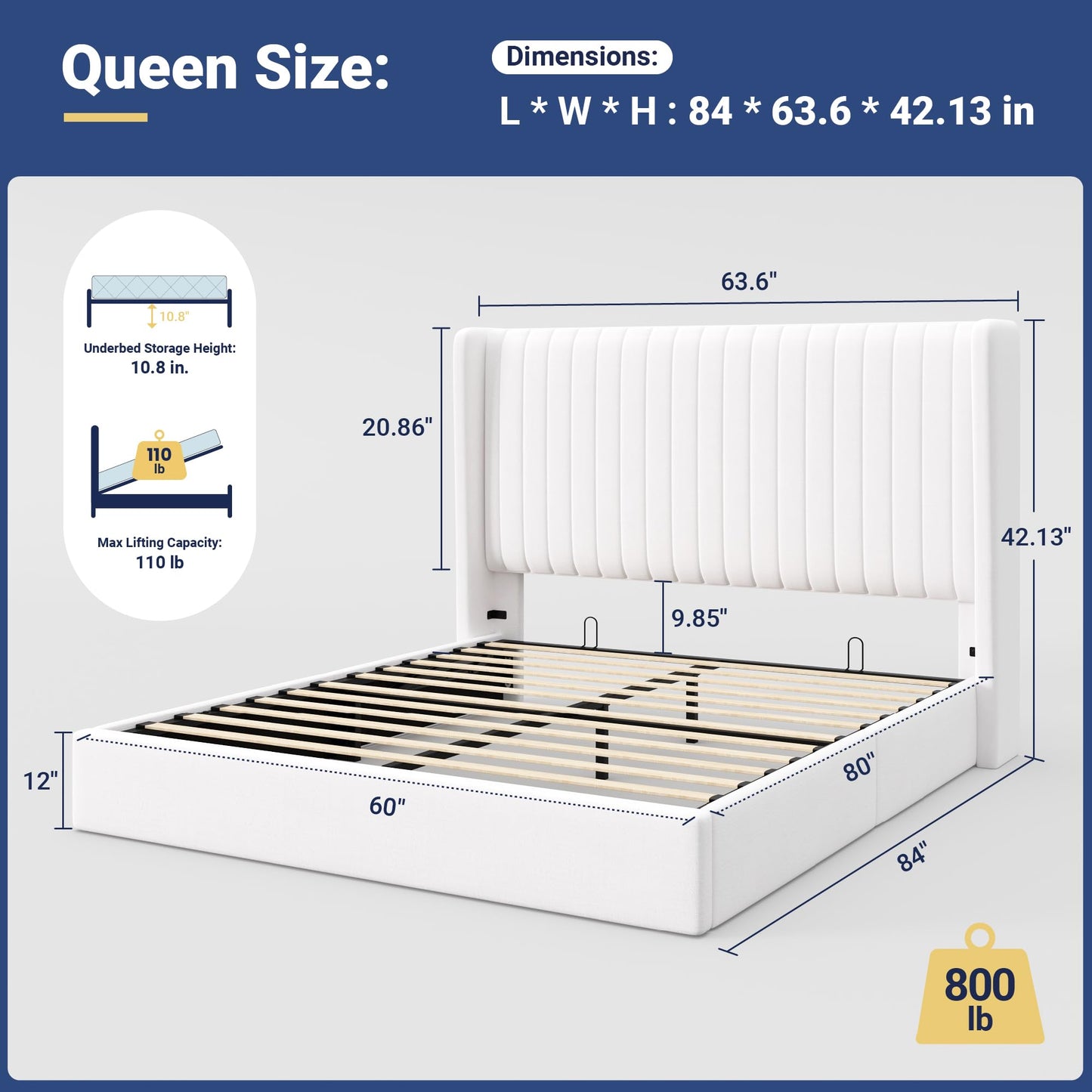 Allewie Queen Size Lift Up Storage Bed Frame, Hydraulic Support System, Upholstered Platform Bed Frame, Underneath Storage, Vertical Channel Tufted Headboard with Wingback, No Box Spring Needed, White