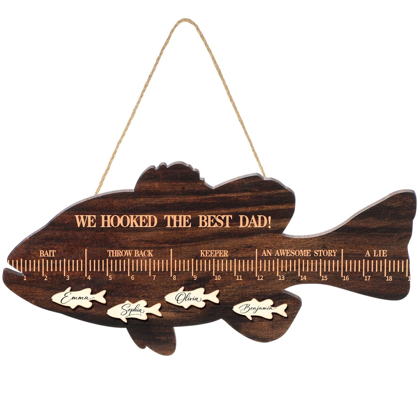Xuhal Personalized Hooked the Best Dad Father's Day Gift Wooden Fish Wall Sign for Dad Custom Ruler Design Plaque with Names Message Rustic Home Decor for Daddy Papa Fishing Gift