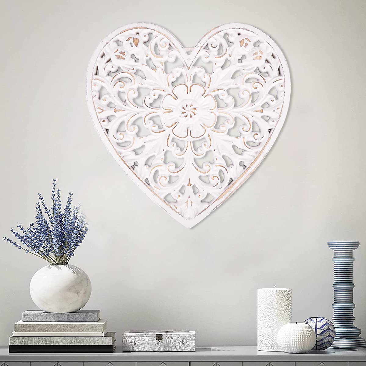 HOTBEST Wooden Wall Decor Floral Hollow Carved Wall Panel Hanging Decor Rustic Art Sculpture Home Ornament for Hallway Bedroom Living Room Cafe Office (Heart Shape 30 * 30cm)