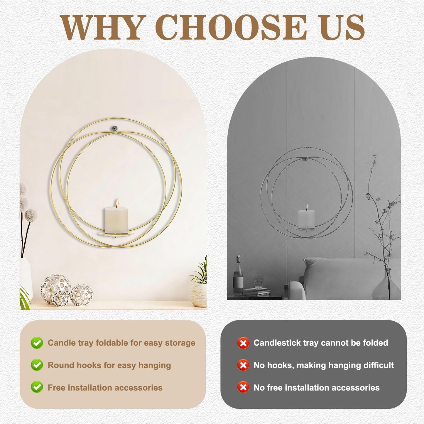 Wall Candle Sconces Set of 2 Gold Metal Hanger with Wood Base Farmhouse Rustic Wall-Mount Candle Holders Modern Wall Decorations for Living Room Bathroom Garden Patio Office