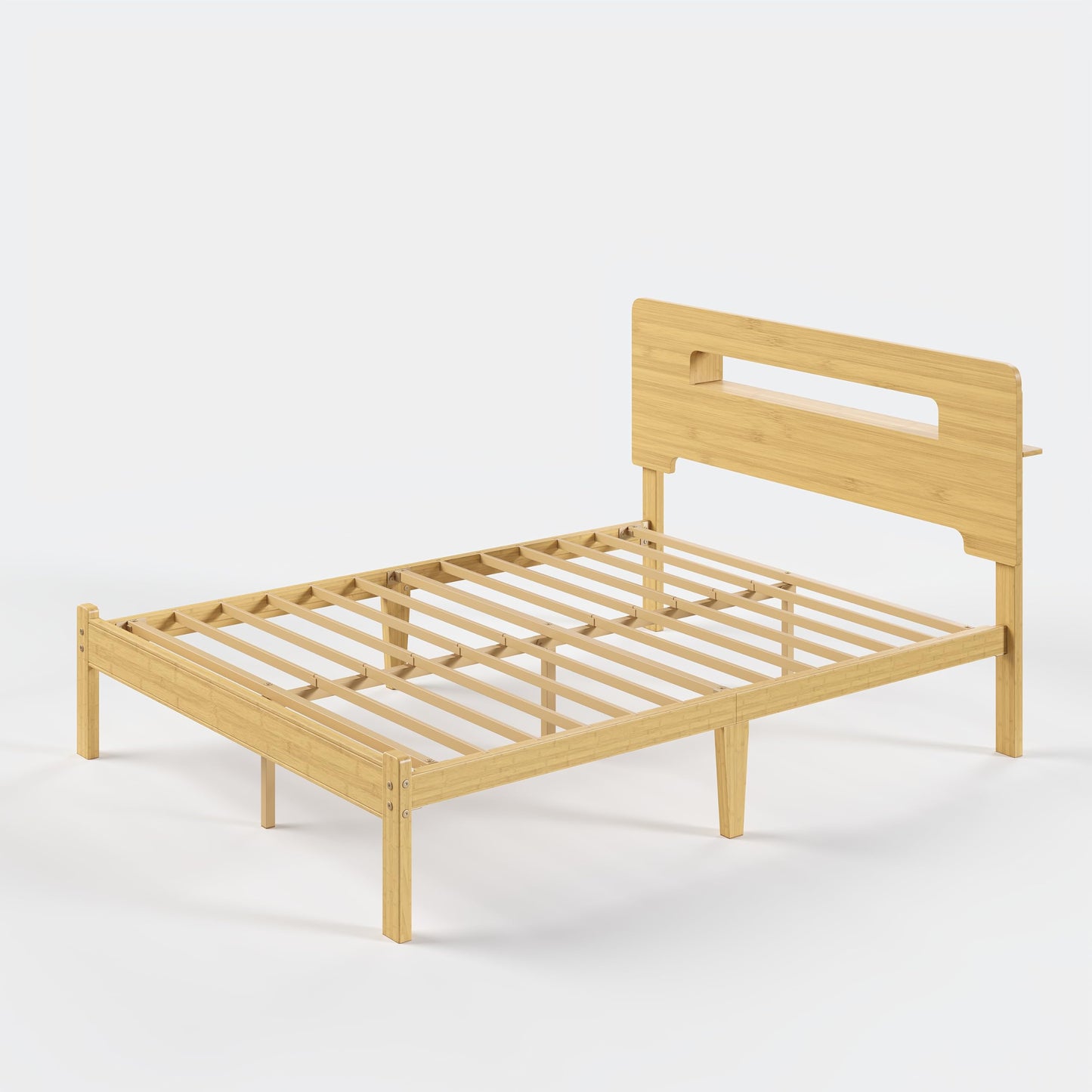 COMASACH Bamboo Wood Queen Bed Frame with Storage Headboard,14 Inch High Solid Queen Size Bed Frame, Metal Slats Support, Heavy Duty, No Box Spring Needed