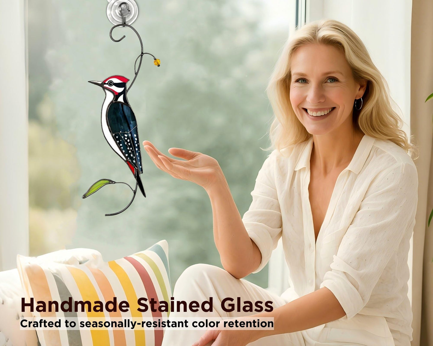 AuroAura Woodpecker Stained Glass Window Hanging for Women, Mom, Grandma - Handmade Real Glass Bird Suncatcher - Elegant Gifts Box Home Decor (H8.9xW3.2 inch)