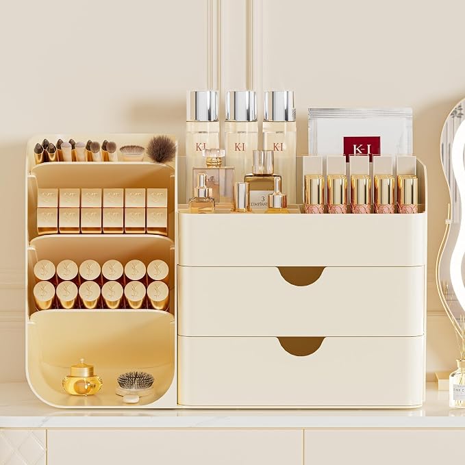 Makeup Organizer with Drawers, Large Capacity Countertop Organizer for Vanity, Bathroom and Bedroom Desk Cosmetics Organizer, Easy To Storage Skincare,Brushes, Eyeshadow,Lipstick (All Cream)