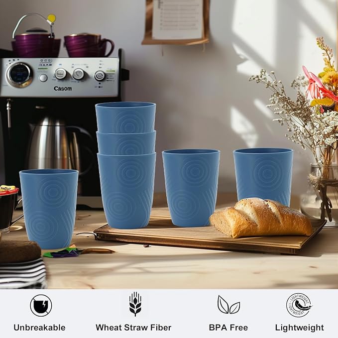 Premium Wheat Straw Cups Set of 6, Drinking Glasses 12 OZ, Alternative to Plastic Cups Reusable, Unbreakable Water Cup, Microwave and Dishwasher Safe Drinking Cups for Kitchen - Blue