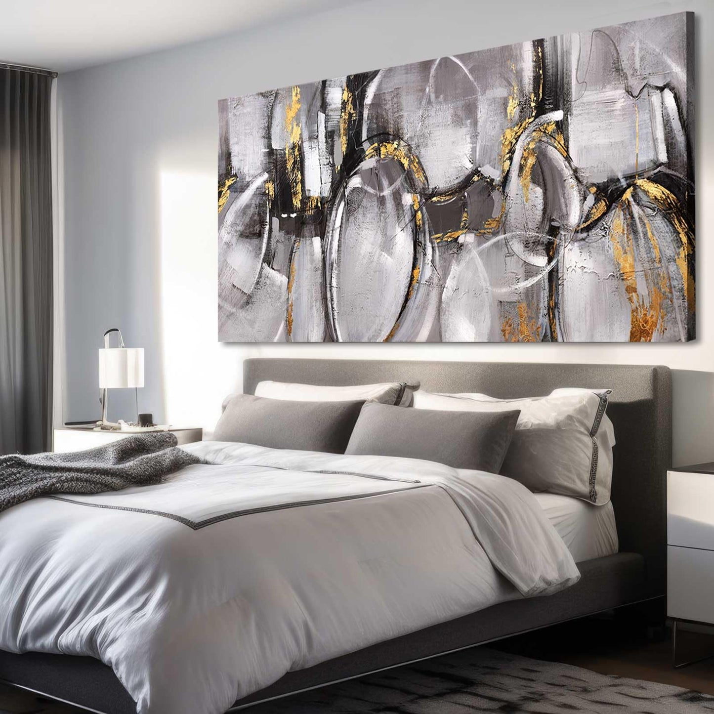 XIANSHOU Black and Grey Painting Pictures Abstract Wall Decor for Office 29"x 58" Modern Artwork Gold Foil Wall Art for Living Room Dining Room Bedroom