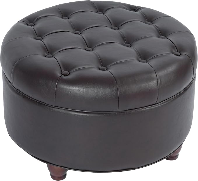 Homepop Home Decor | Button Tufted Faux Leather Round Storage Ottoman | Ottoman with Storage for Living Room & Bedroom (Distressed Brown)
