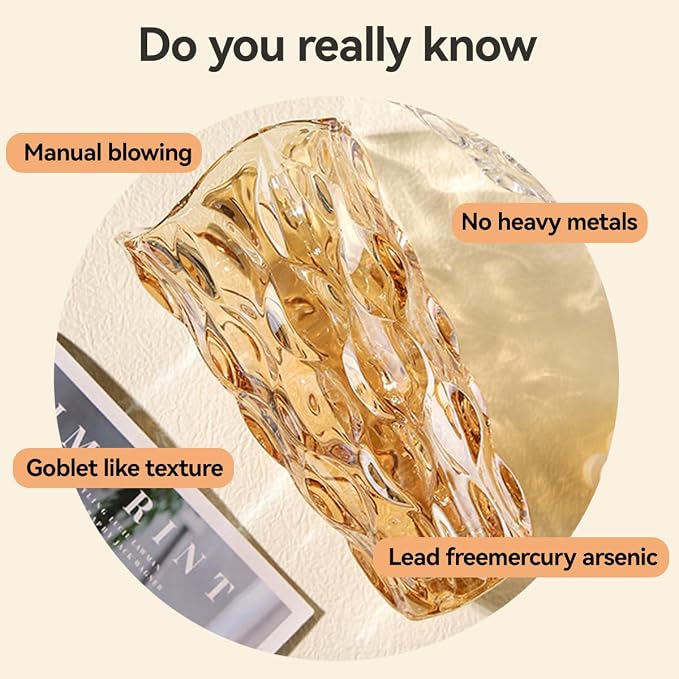 CEMABT Amber Glass Vase for Centerpieces, 9.4-inch Height, 5.1-inch Opening Width, 3.4 lbs Weight, Unbreakable, Suitable for All Kinds of Flowers, Modern and Elegant