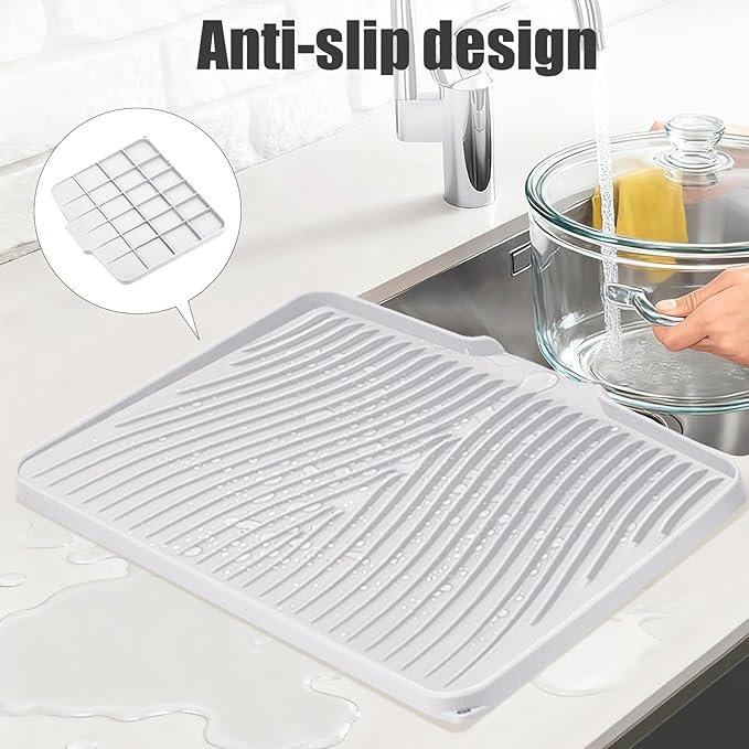 TIKNIK Silicone Dish Drying Mat for Kitchen Counter - Heat Resistant & Non-Slip Dish Drain Pad with Built-In Drain, Dishwasher Safe, Quick-Dry, Hangable & Roll-Up for Storage, White-1pcs, 20" x 15"