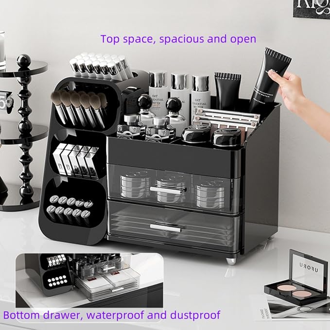 Makeup Organizer with Drawers,Large Capacity Countertop Organizer for Vanity,Bathroom and Bedroom Desk Cosmetics Organizer,Easy To Storage Skincare,Brushes,Lotions,Lipstick (Black)