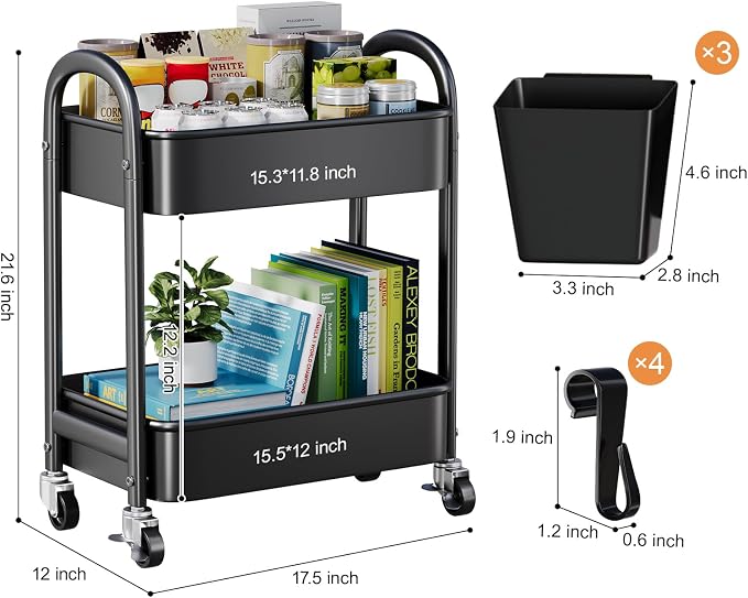 2 Tier Rolling Cart Metal on Wheels, Two Tiered Short Storage Side Table with Wheels, Heavy Duty Under Desk Mobile Trolley, Small Utility Organizer Carts for Craft, Art, Office, Kitchen, Black Basket
